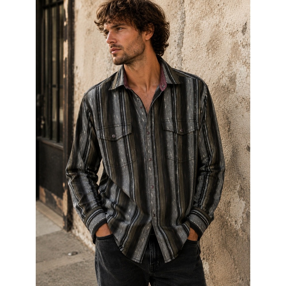 Scully Western Ombre Stripe Cotton Blend Snap Front Long Sleeve Shirt Black L